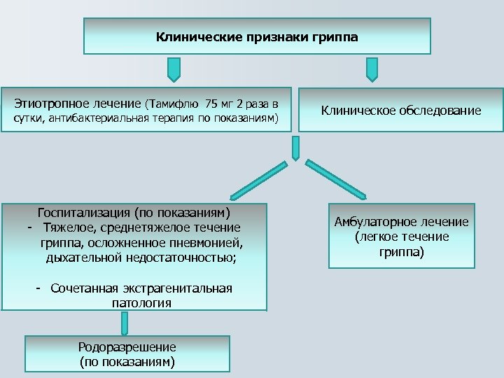 Клинические признаки гриппа Этиотропное лечение (Тамифлю 75 мг 2 раза в сутки, антибактериальная терапия