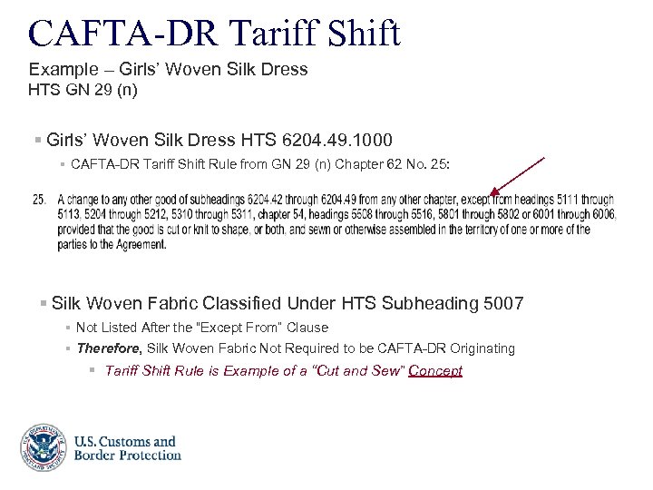 CAFTA-DR Tariff Shift Example – Girls’ Woven Silk Dress HTS GN 29 (n) §