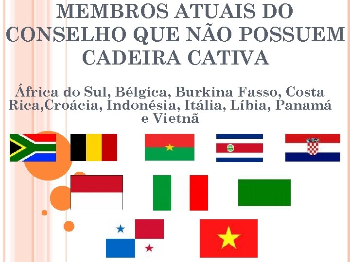 MEMBROS ATUAIS DO CONSELHO QUE NÃO POSSUEM CADEIRA CATIVA África do Sul, Bélgica, Burkina