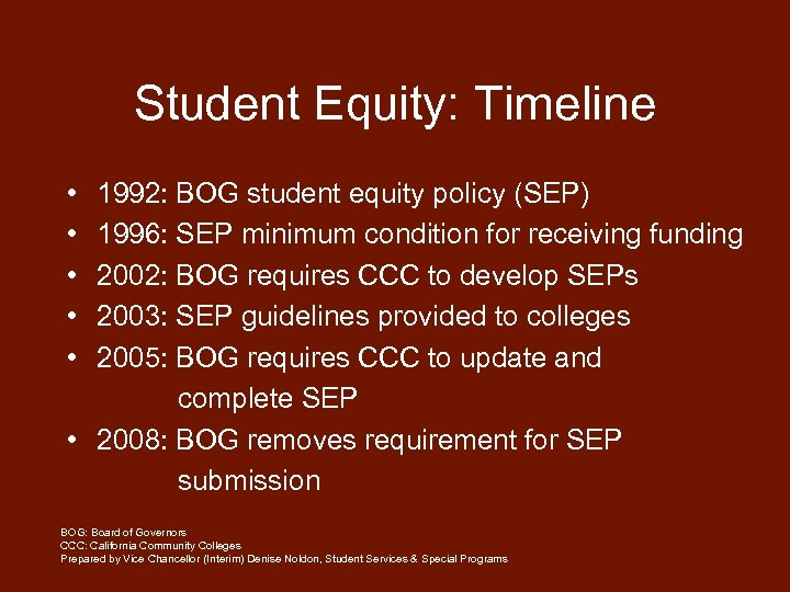 Student Equity: Timeline • • • 1992: BOG student equity policy (SEP) 1996: SEP