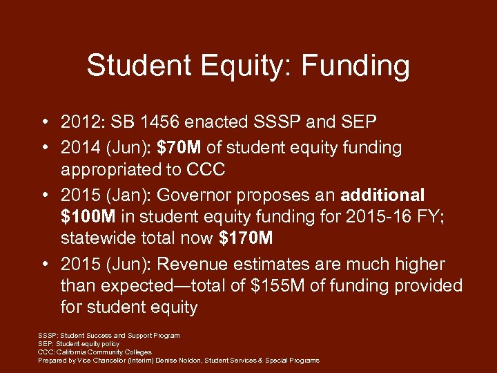 Student Equity: Funding • 2012: SB 1456 enacted SSSP and SEP • 2014 (Jun):