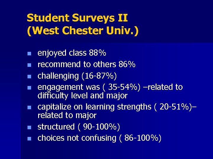 Student Surveys II (West Chester Univ. ) n n n n enjoyed class 88%