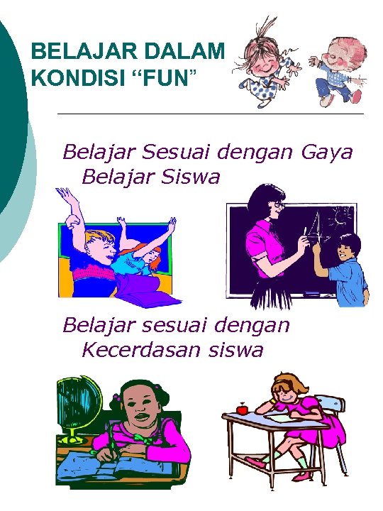 BELAJAR DALAM KONDISI “FUN” Belajar Sesuai dengan Gaya Belajar Siswa Belajar sesuai dengan Kecerdasan