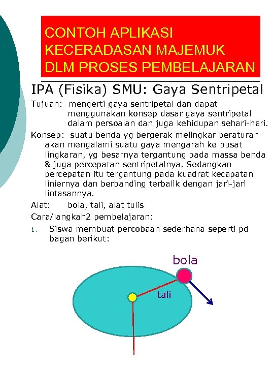 CONTOH APLIKASI KECERADASAN MAJEMUK DLM PROSES PEMBELAJARAN IPA (Fisika) SMU: Gaya Sentripetal Tujuan: mengerti