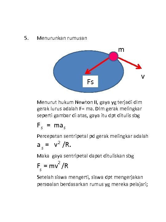 5. Menurunkan rumusan m Fs v Menurut hukum Newton II, gaya yg terjadi dlm