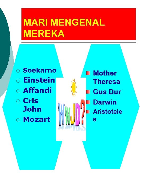 MARI MENGENAL MEREKA ¡ ¡ ¡ Soekarno Einstein Affandi Cris John Mozart Mother Theresa