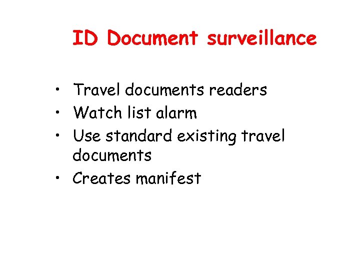 ID Document surveillance • Travel documents readers • Watch list alarm • Use standard