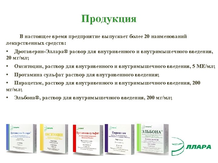 Продукция В настоящее время предприятие выпускает более 20 наименований лекарственных средств: • Дротаверин-Эллара® расвор