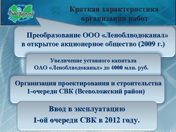 Краткая характеристика организации работ Преобразование ООО «Леноблводоканал» в открытое акционерное общество (2009 г. )