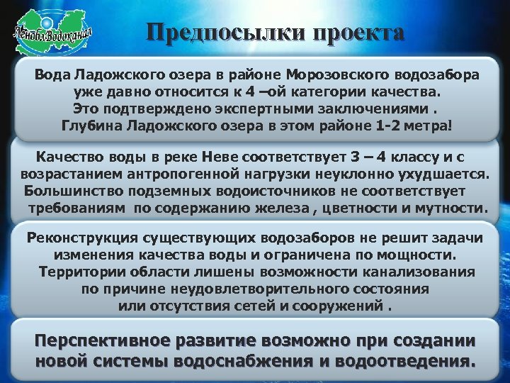 Предпосылки проекта Вода Ладожского озера в районе Морозовского водозабора уже давно относится к 4