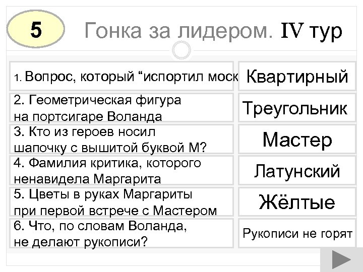 5 Гонка за лидером. IV тур Квартирный 1. Вопрос, который “испортил москвичей” 2. Геометрическая
