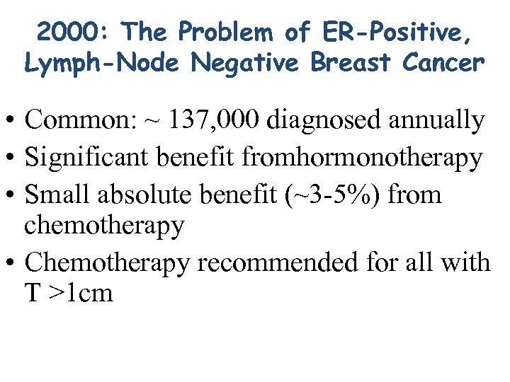 2000: The Problem of ER-Positive, Lymph-Node Negative Breast Cancer • Common: ~ 137, 000