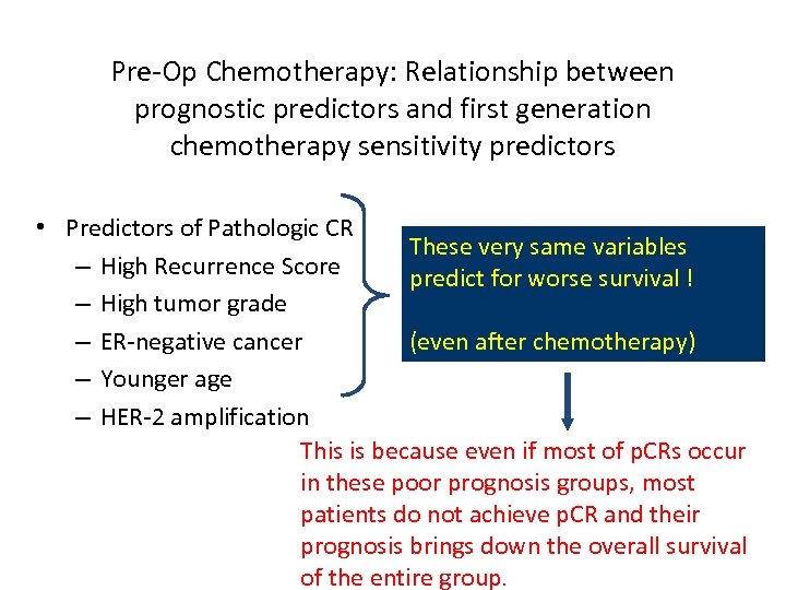 Pre-Op Chemotherapy: Relationship between prognostic predictors and first generation chemotherapy sensitivity predictors • Predictors