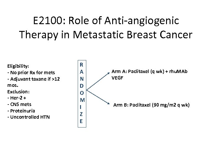 E 2100: Role of Anti-angiogenic Therapy in Metastatic Breast Cancer Eligibility: - No prior