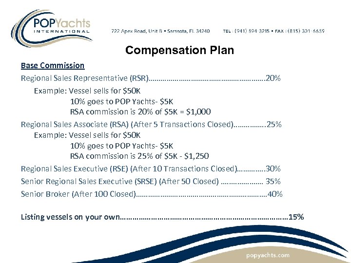 Compensation Plan Base Commission Regional Sales Representative (RSR)…………………………. 20% Example: Vessel sells for $50