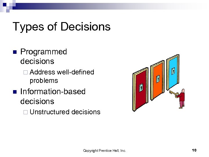 Types of Decisions n Programmed decisions ¨ Address well-defined problems n Information-based decisions ¨