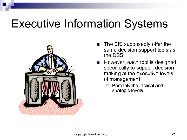 Executive Information Systems n n The EIS supposedly offer the same decision support tools