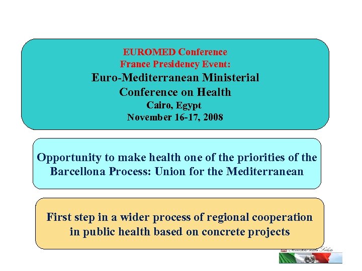 EUROMED Conference France Presidency Event: Euro-Mediterranean Ministerial Conference on Health Cairo, Egypt November 16