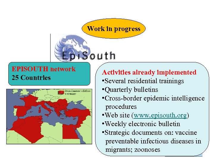 Work in progress EPISOUTH network 25 Countries Activities already implemented • Several residential trainings