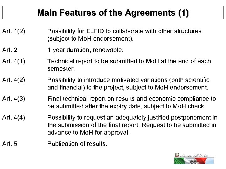 Main Features of the Agreements (1) Art. 1(2) Possibility for ELFID to collaborate with