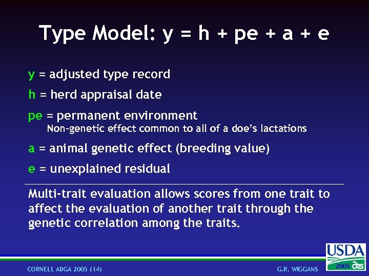 Type Model: y = h + pe + a + e y = adjusted
