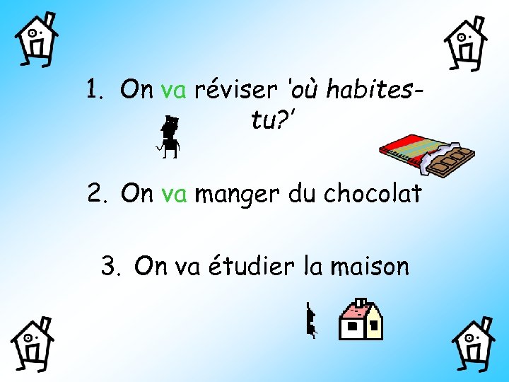 1. On va réviser ‘où habitestu? ’ 2. On va manger du chocolat 3.