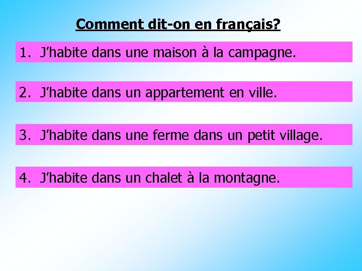 Comment dit-on en français? 1. I live in a house inmaison à la campagne.
