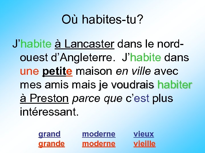 Où habites-tu? J’habite à Lancaster dans le nordouest d’Angleterre. J’habite dans une petite maison