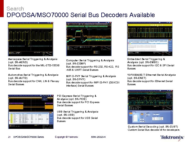 Search DPO/DSA/MSO 70000 Serial Bus Decoders Available Aerospace Serial Triggering & Analysis (opt. SR-AERO)