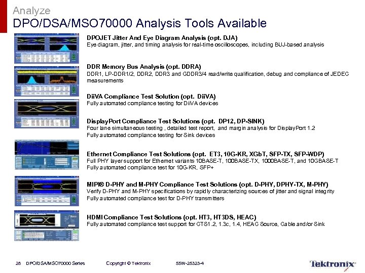 Analyze DPO/DSA/MSO 70000 Analysis Tools Available DPOJET Jitter And Eye Diagram Analysis (opt. DJA)