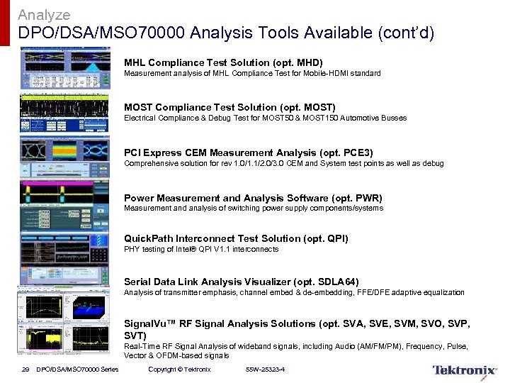 Analyze DPO/DSA/MSO 70000 Analysis Tools Available (cont’d) MHL Compliance Test Solution (opt. MHD) Measurement