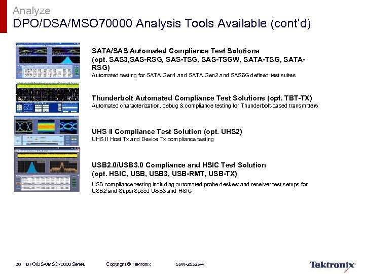 Analyze DPO/DSA/MSO 70000 Analysis Tools Available (cont’d) SATA/SAS Automated Compliance Test Solutions (opt. SAS