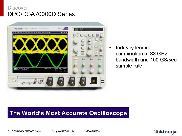 Discover DPO/DSA 70000 D Series § Industry leading combination of 33 GHz bandwidth and