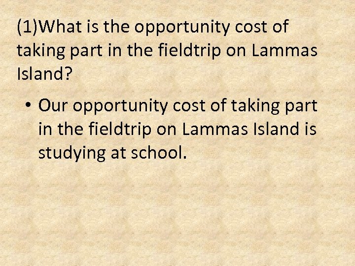 (1)What is the opportunity cost of taking part in the fieldtrip on Lammas Island?