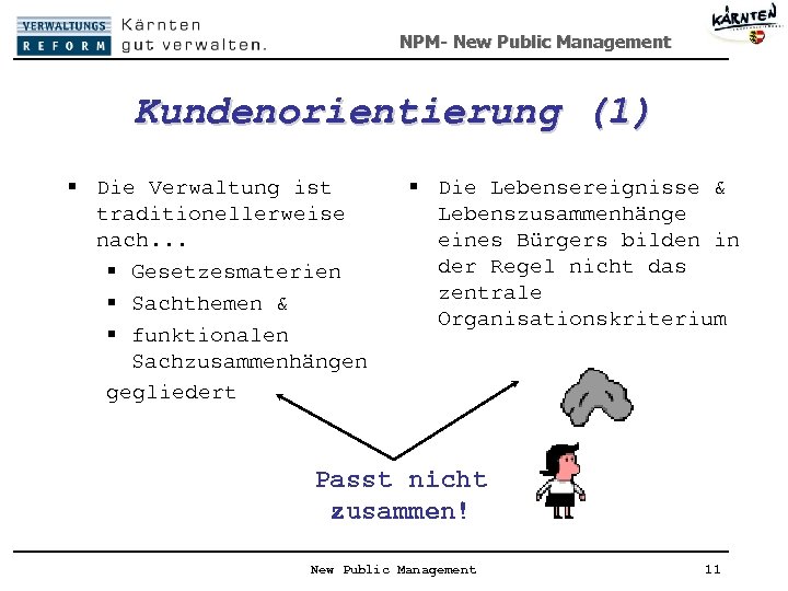 NPM- New Public Management Kundenorientierung (1) § Die Verwaltung ist traditionellerweise nach. . .