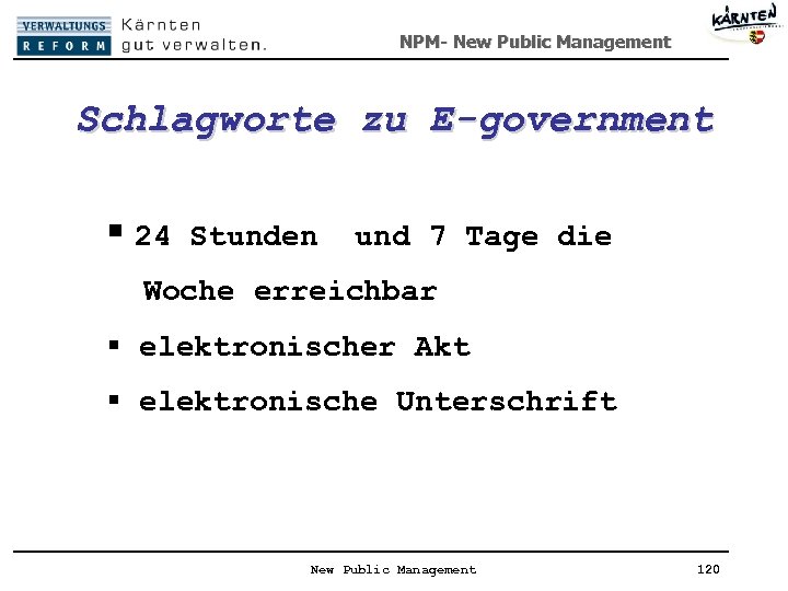 NPM- New Public Management Schlagworte zu E-government § 24 Stunden und 7 Tage die