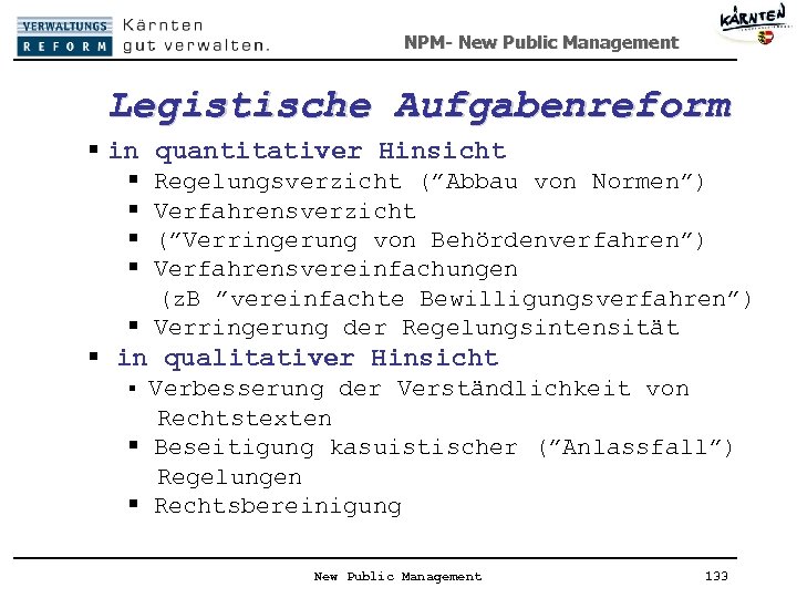 NPM- New Public Management Legistische Aufgabenreform § in quantitativer Hinsicht § § Regelungsverzicht (”Abbau