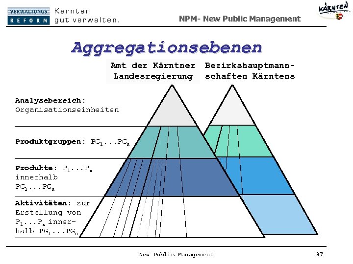 NPM- New Public Management Aggregationsebenen Amt der Kärntner Landesregierung Bezirkshauptmannschaften Kärntens Analysebereich: Organisationseinheiten Produktgruppen:
