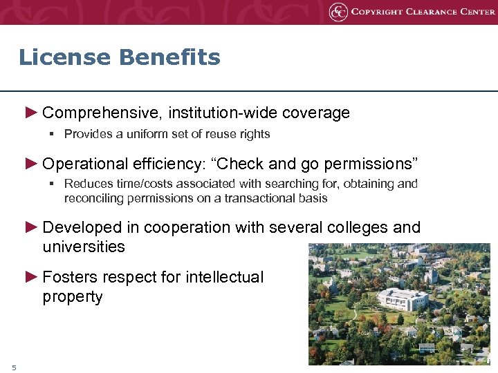 License Benefits ► Comprehensive, institution-wide coverage § Provides a uniform set of reuse rights