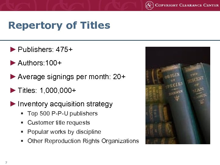 Repertory of Titles ► Publishers: 475+ ► Authors: 100+ ► Average signings per month: