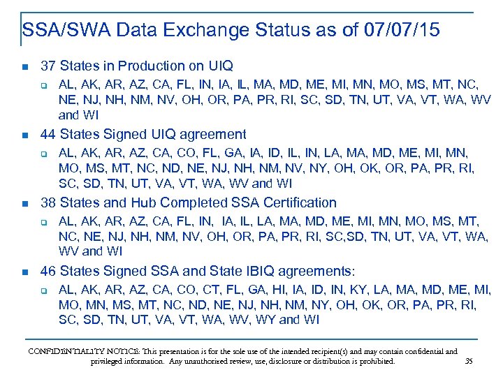 SSA/SWA Data Exchange Status as of 07/07/15 n 37 States in Production on UIQ