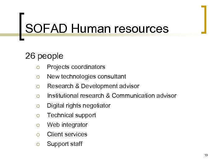 SOFAD Human resources 26 people ¡ Projects coordinators ¡ New technologies consultant ¡ Research