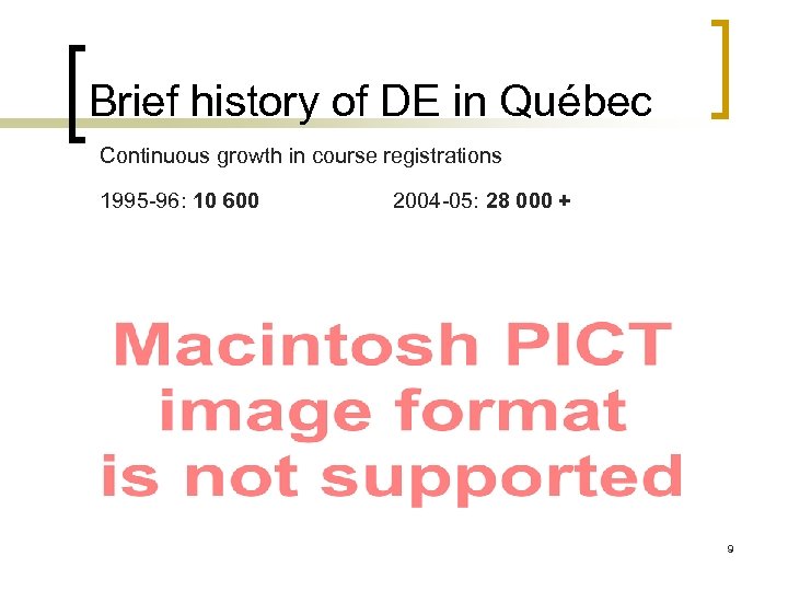 Brief history of DE in Québec Continuous growth in course registrations 1995 -96: 10