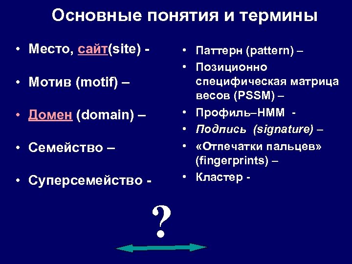 Основные понятия и термины • Место, сайт(site) • Мотив (motif) – • Домен (domain)