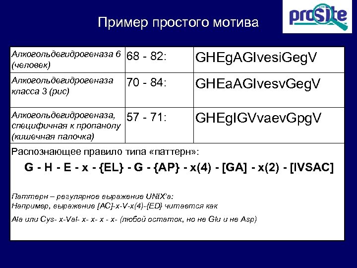 Пример простого мотива Алкогольдегидрогеназа 6 (человек) 68 - 82: GHEg. AGIvesi. Geg. V Алкогольдегидрогеназа