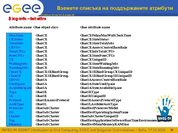 Вземете списъка на поддържаните атрибути Enabling Grids for E-scienc. E $ lcg-info --list-attrs Attribute