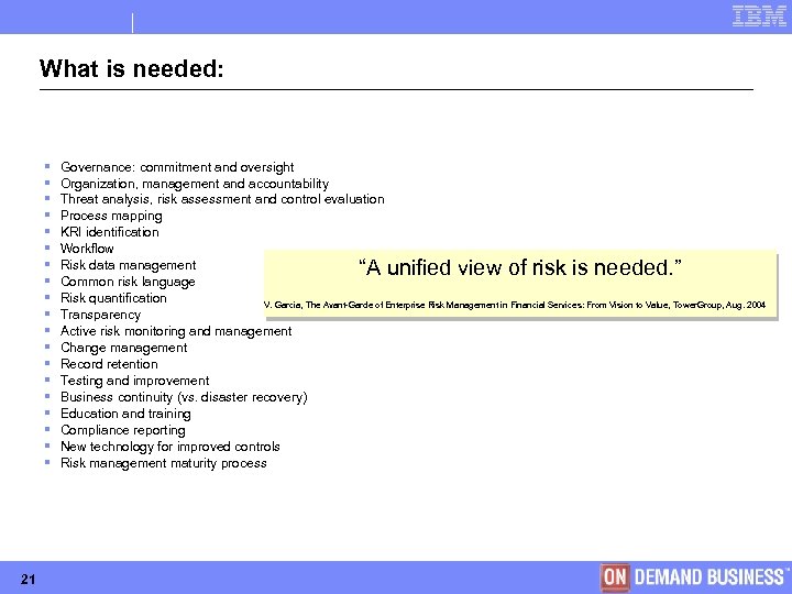 What is needed: § § § § § 21 Governance: commitment and oversight Organization,