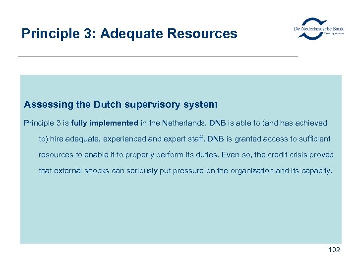 Principle 3: Adequate Resources Assessing the Dutch supervisory system Principle 3 is fully implemented
