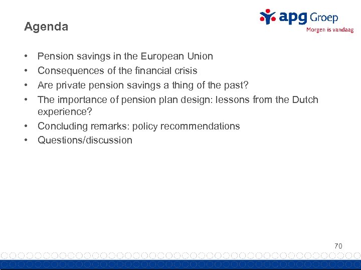 Agenda • • Pension savings in the European Union Consequences of the financial crisis