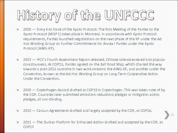 History of the UNFCCC » 2005 — Entry into force of the Kyoto Protocol.